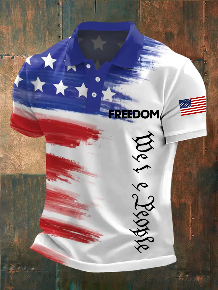 Men's Freedom American Flag Print Retro V-Neck Short Sleeves Polo-Shirt